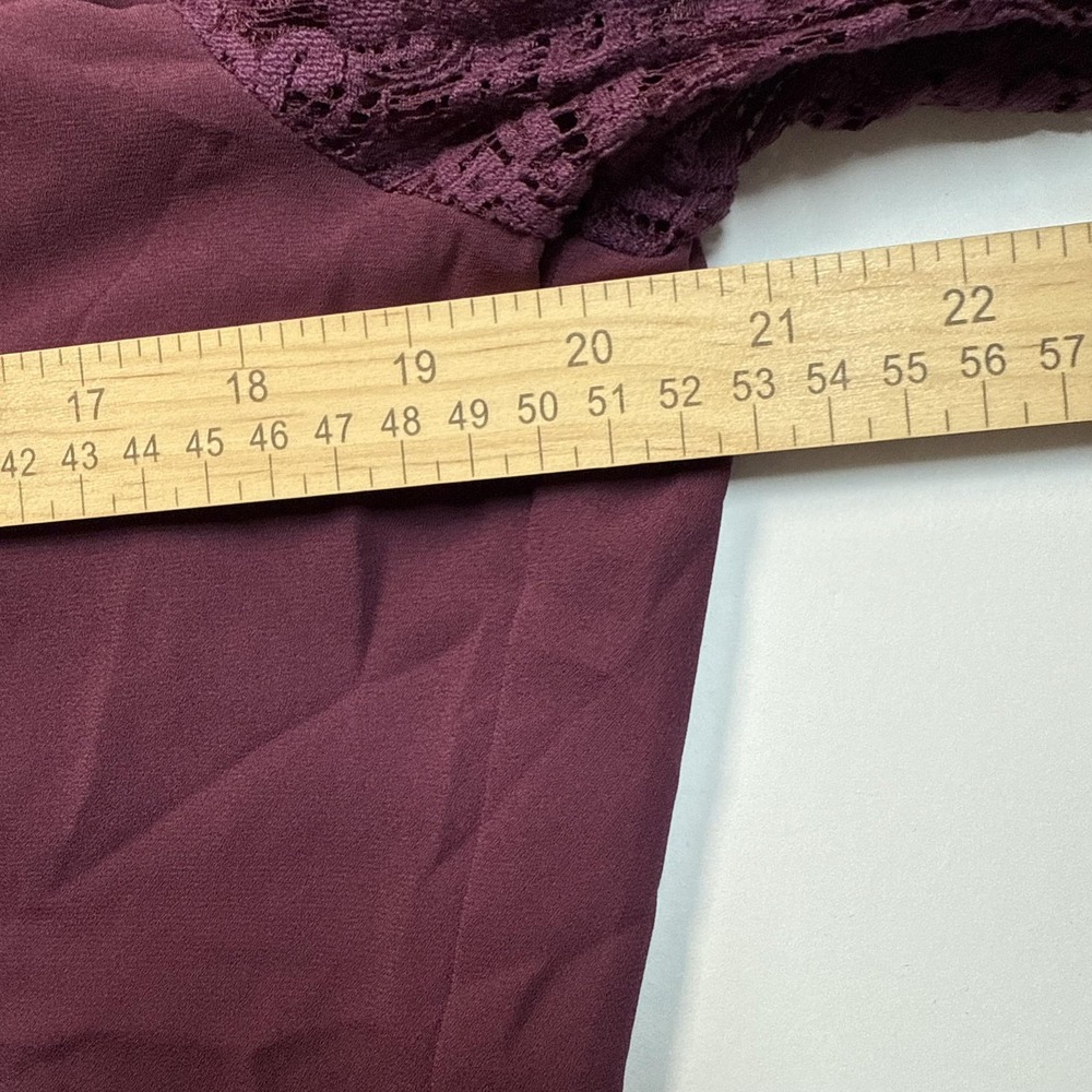 LOFT Blouse Womens Medium Burgundy Collared Button Front Sheer Lace Long Sleeve - Picture 6 of 8